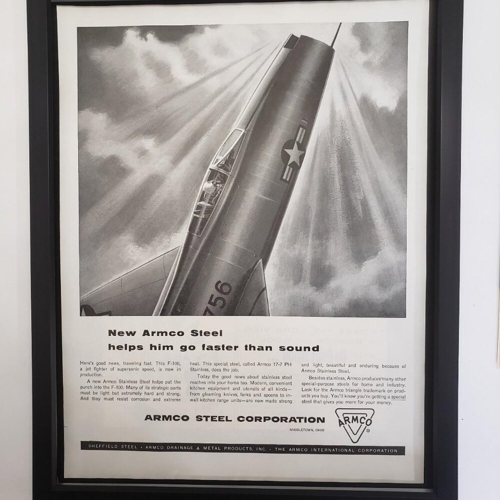 Original Vintage 11x14 1960s Armco Steel framed poster featuring a fighter jet